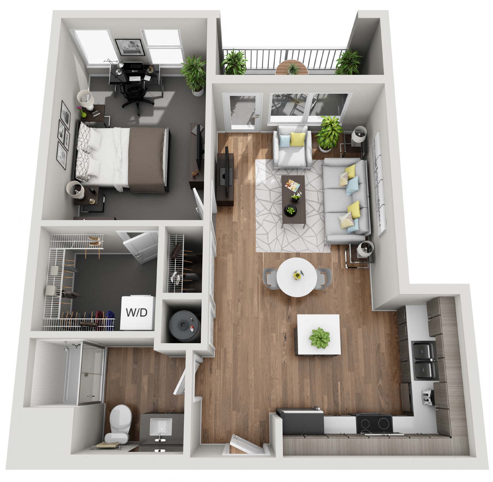 Floor plan for 1 bed, 1 bath, 730 sqft